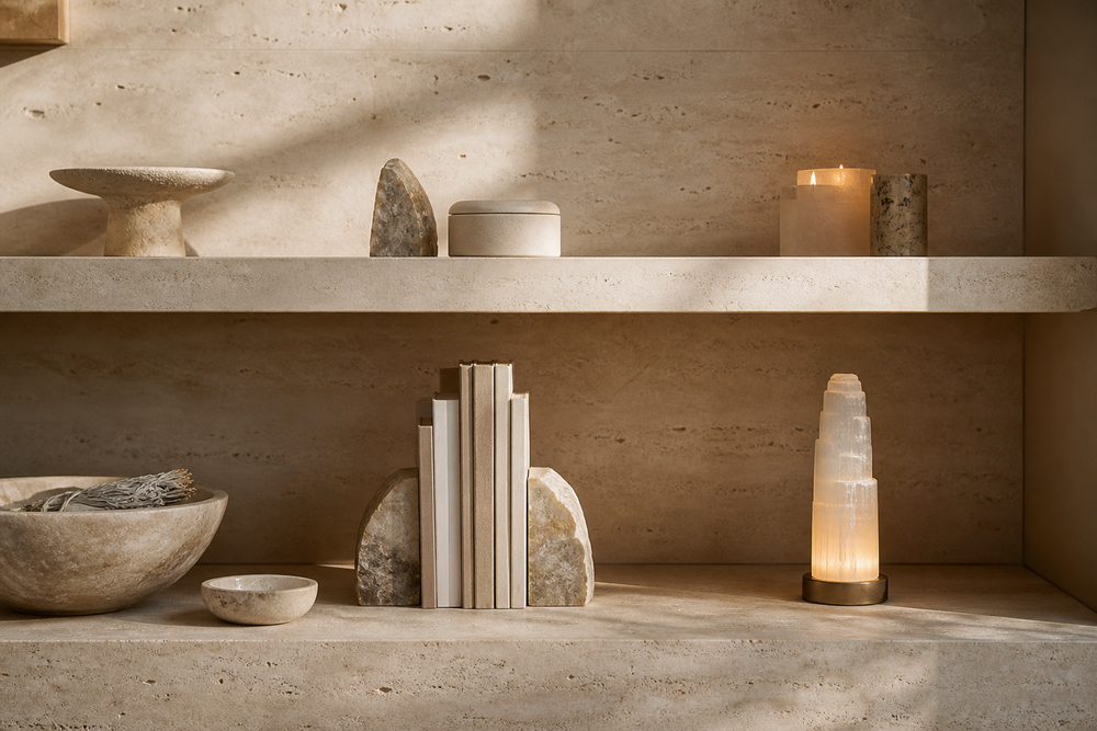 Selenite bookend and mineral light bringing nature energy to a reading corner