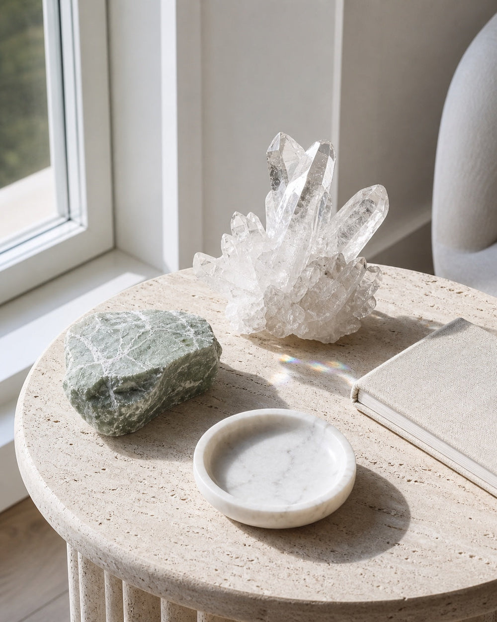 Natural stone bowl and mineral light creating a quiet feng shui energy space