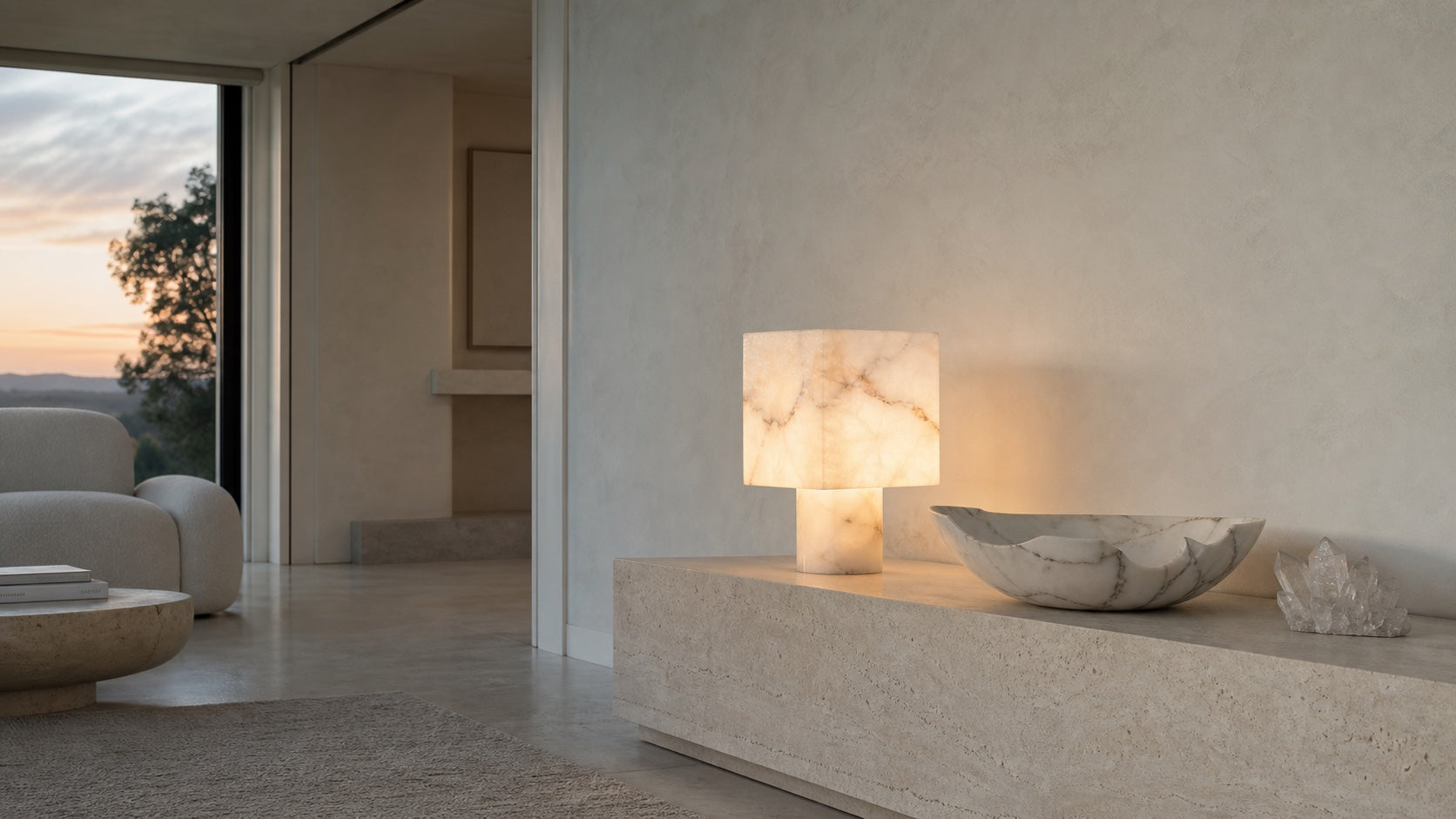 Natural stone lamp, bowl and bookend bringing nature energy into a quiet interior