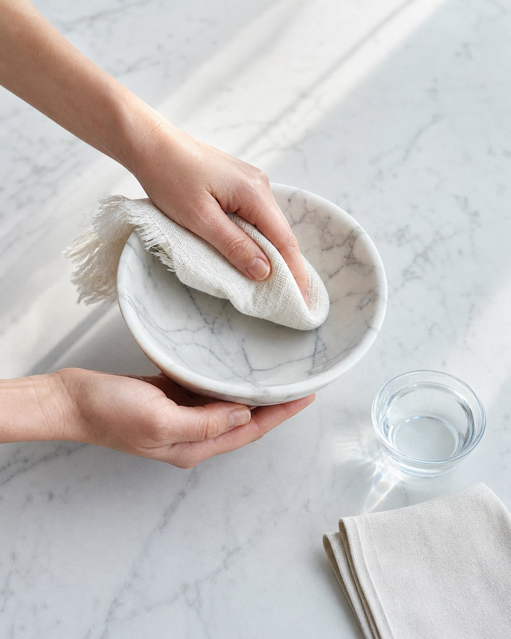 Hands gently caring for natural stone to preserve its character and energy