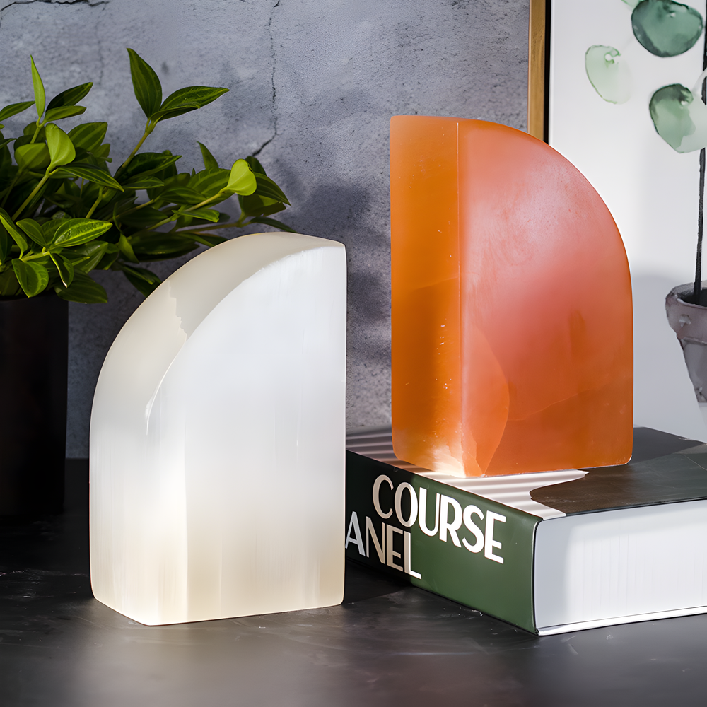 Selenite stone arc bringing nature energy into a home-office shelf