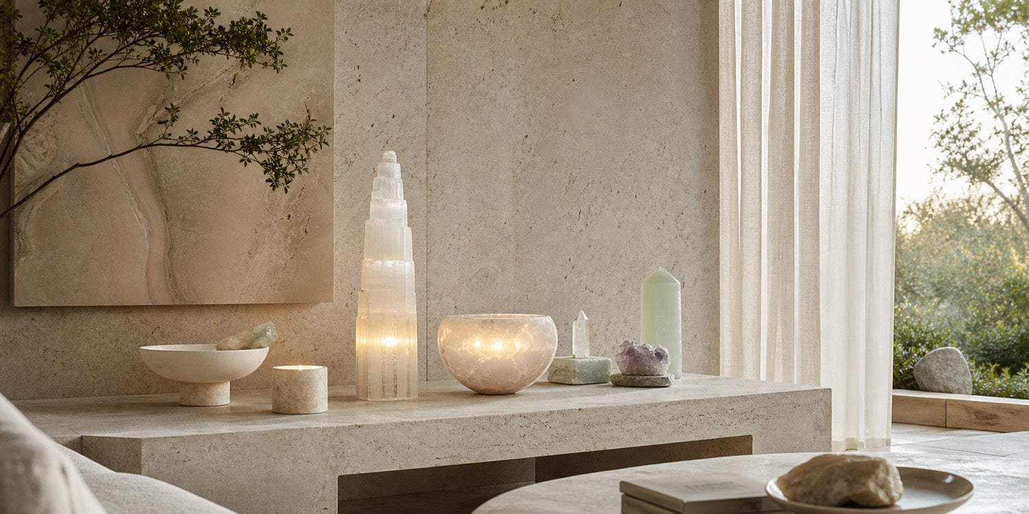 Natural stone objects in a calm mineral interior