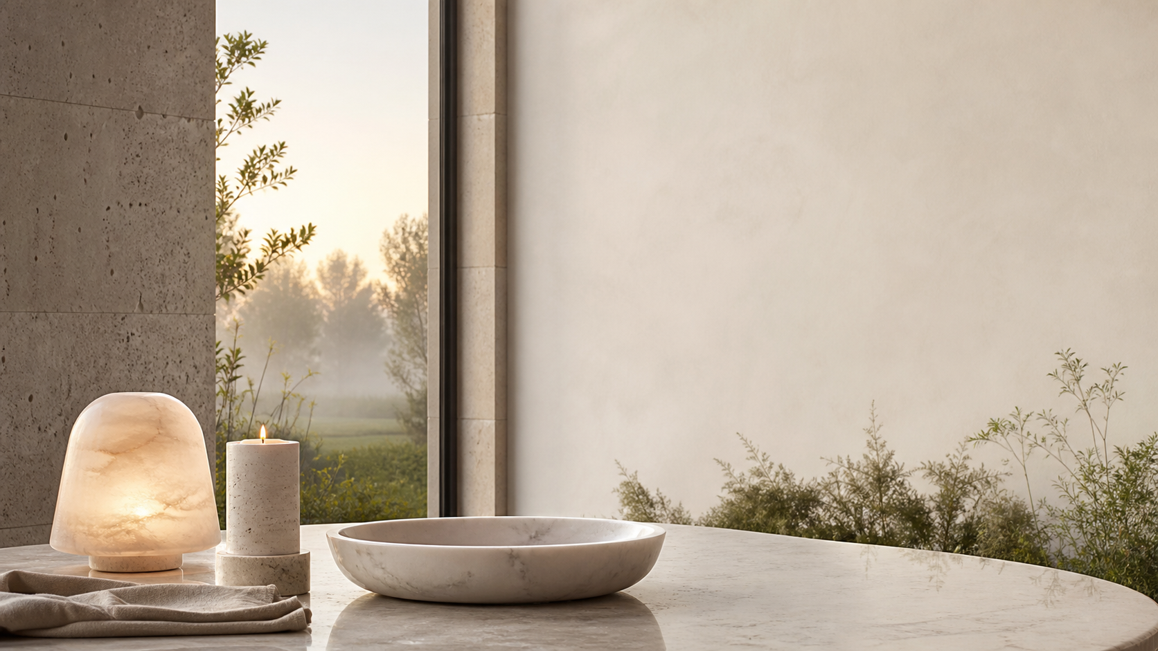 Natural stone lighting and mineral objects at dawn beside a quiet garden
