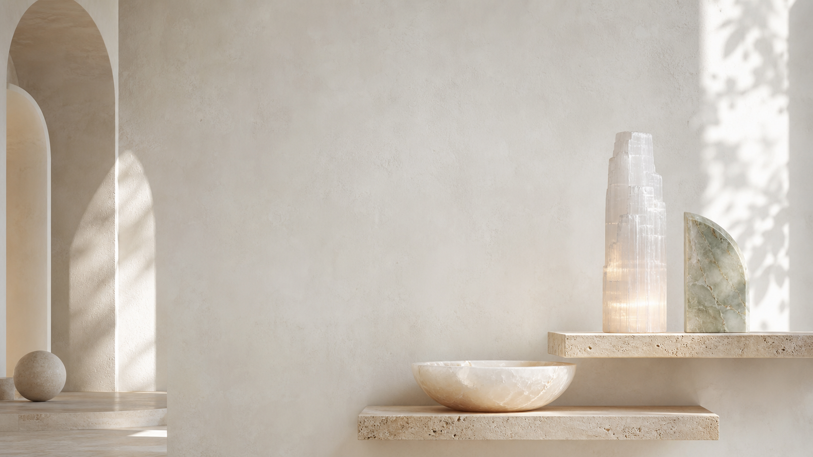 Natural stone lighting and mineral decor in an airy gallery interior