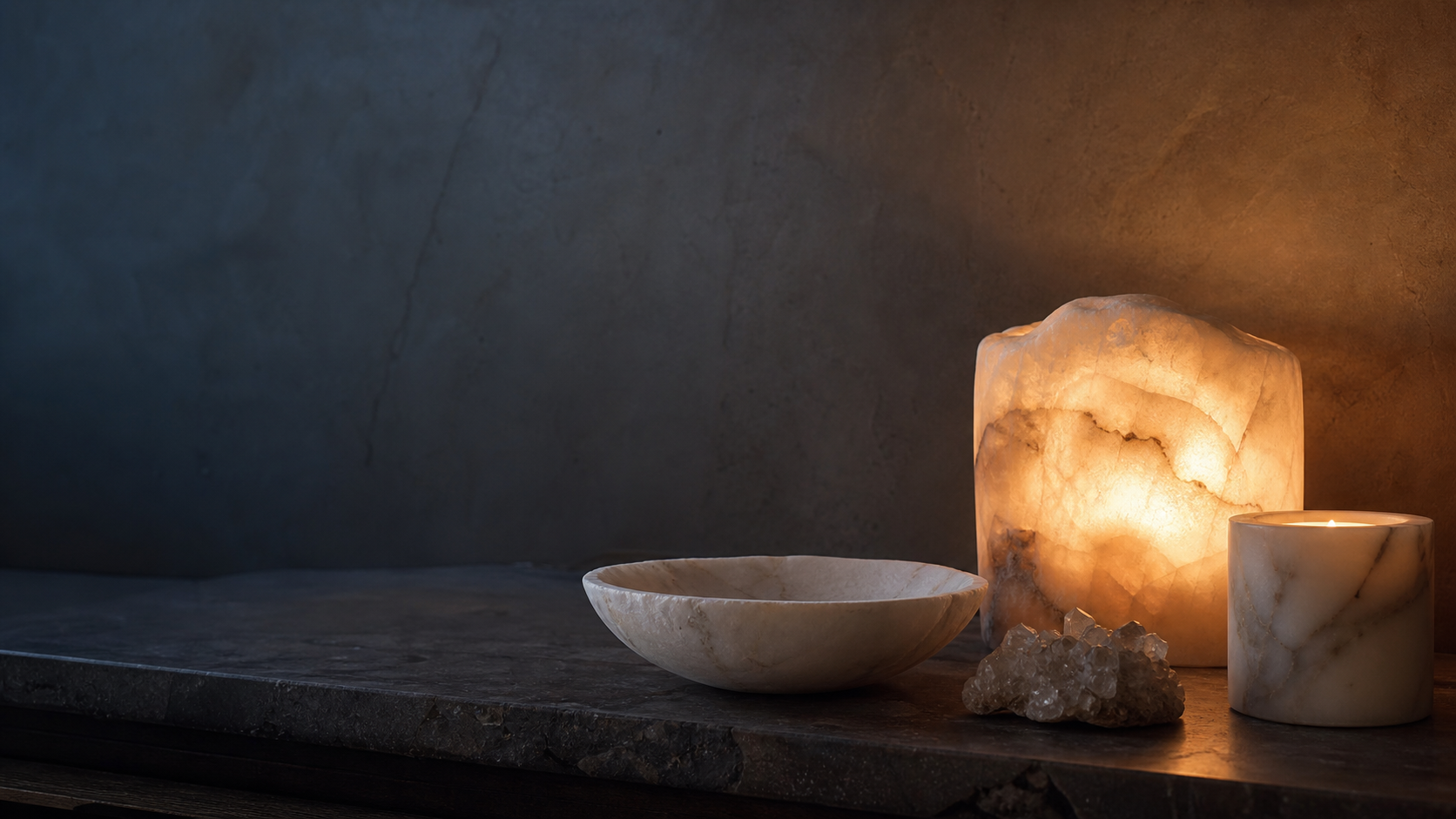 Glowing selenite and natural stone lights in a quiet evening interior