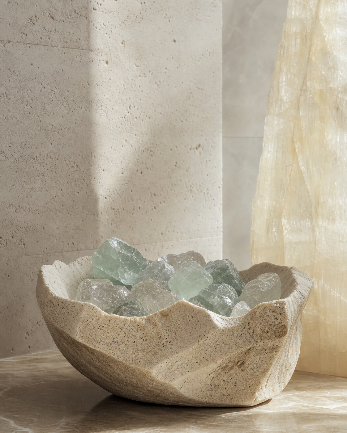 Stone vessel and luminous mineral objects in a refined ritual scene