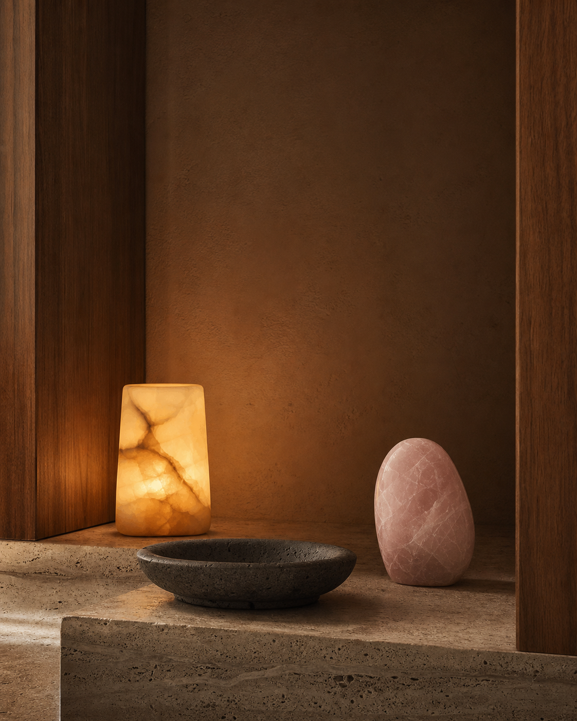 Warm mineral light and quiet stone objects in an architectural niche