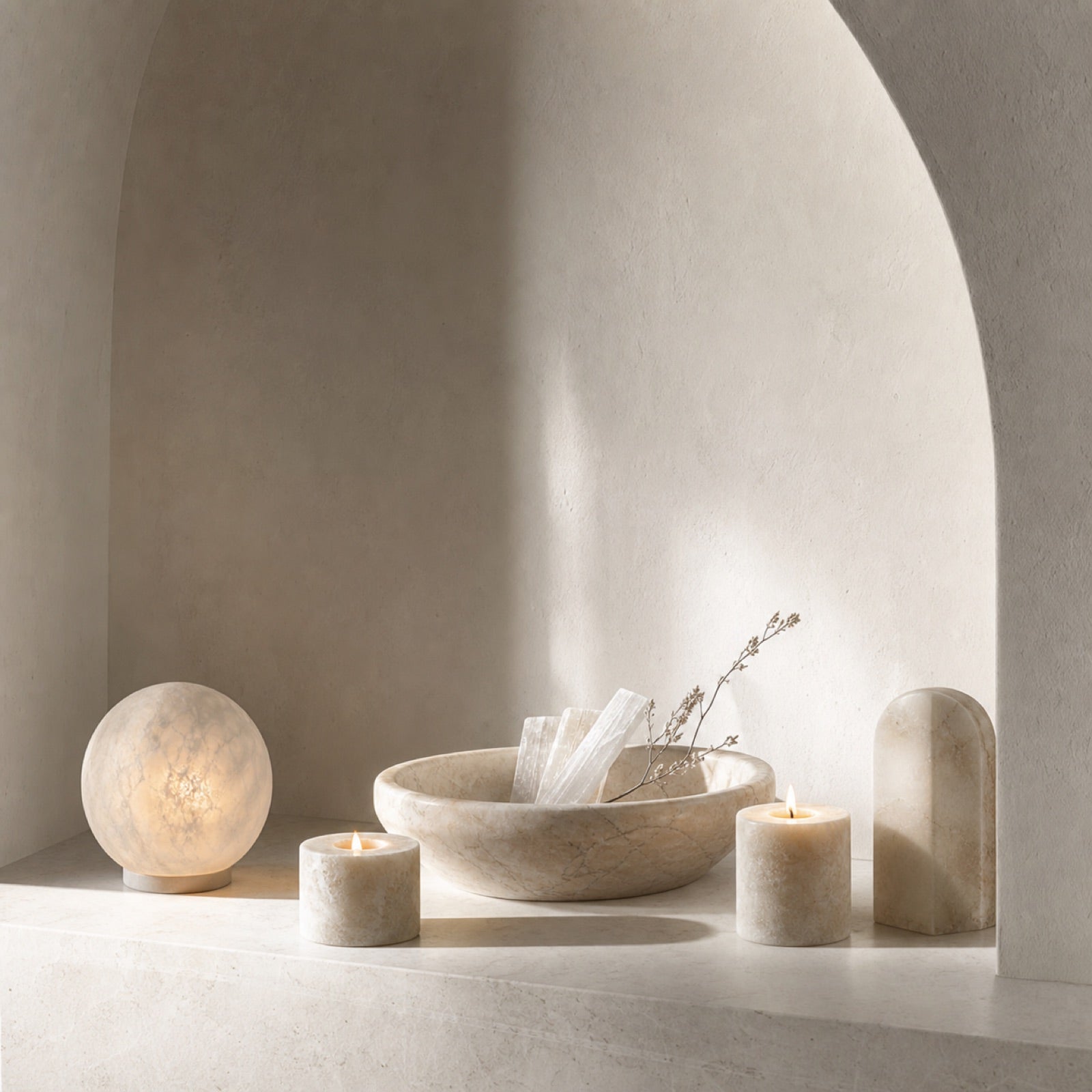 White mineral objects in a refined interior