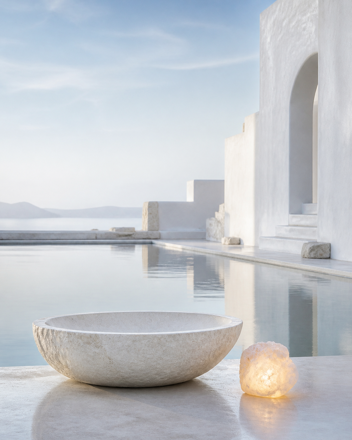 A pale stone bowl and glowing mineral object beside still water