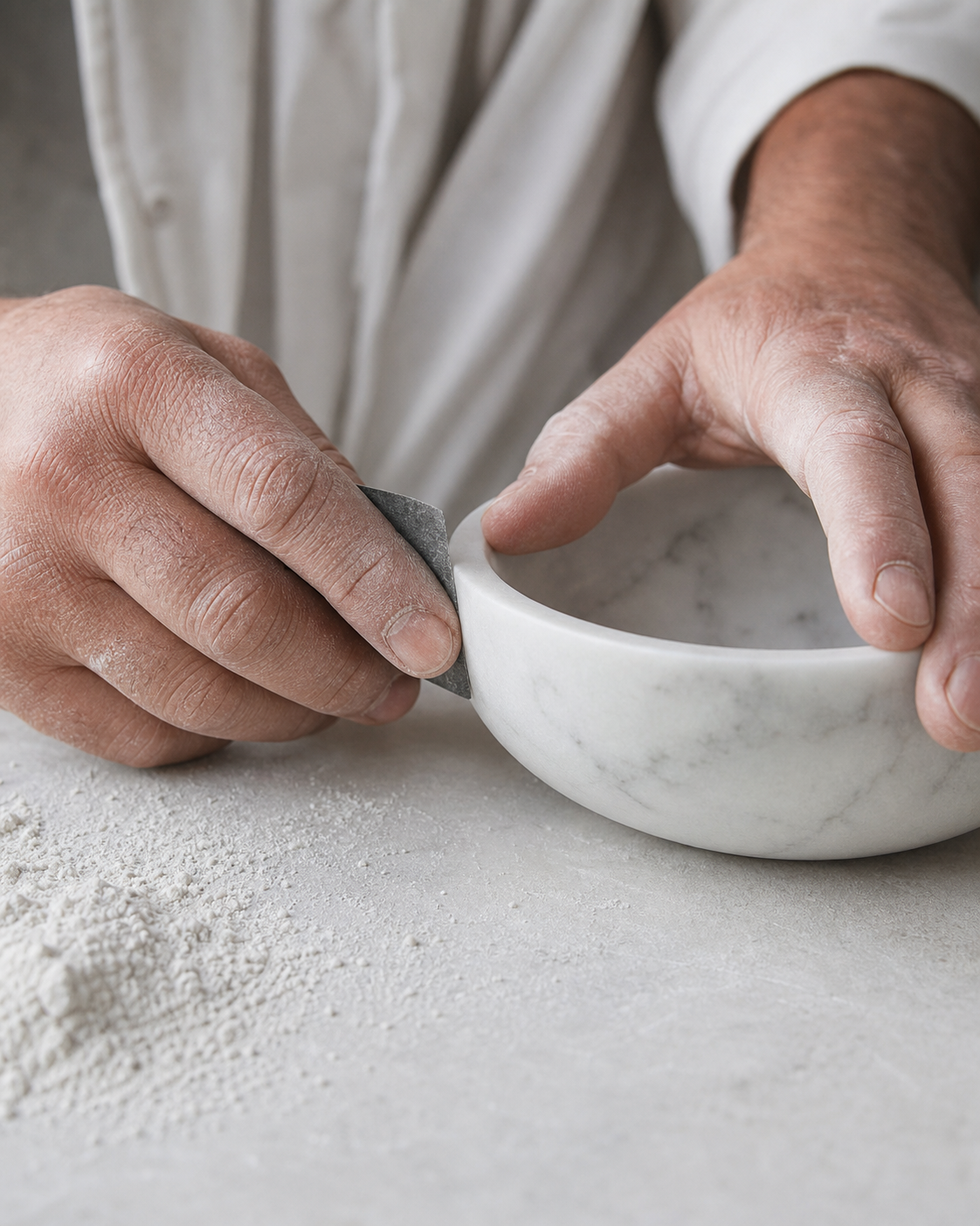 Artisan hands honing the edge of a natural marble bowl