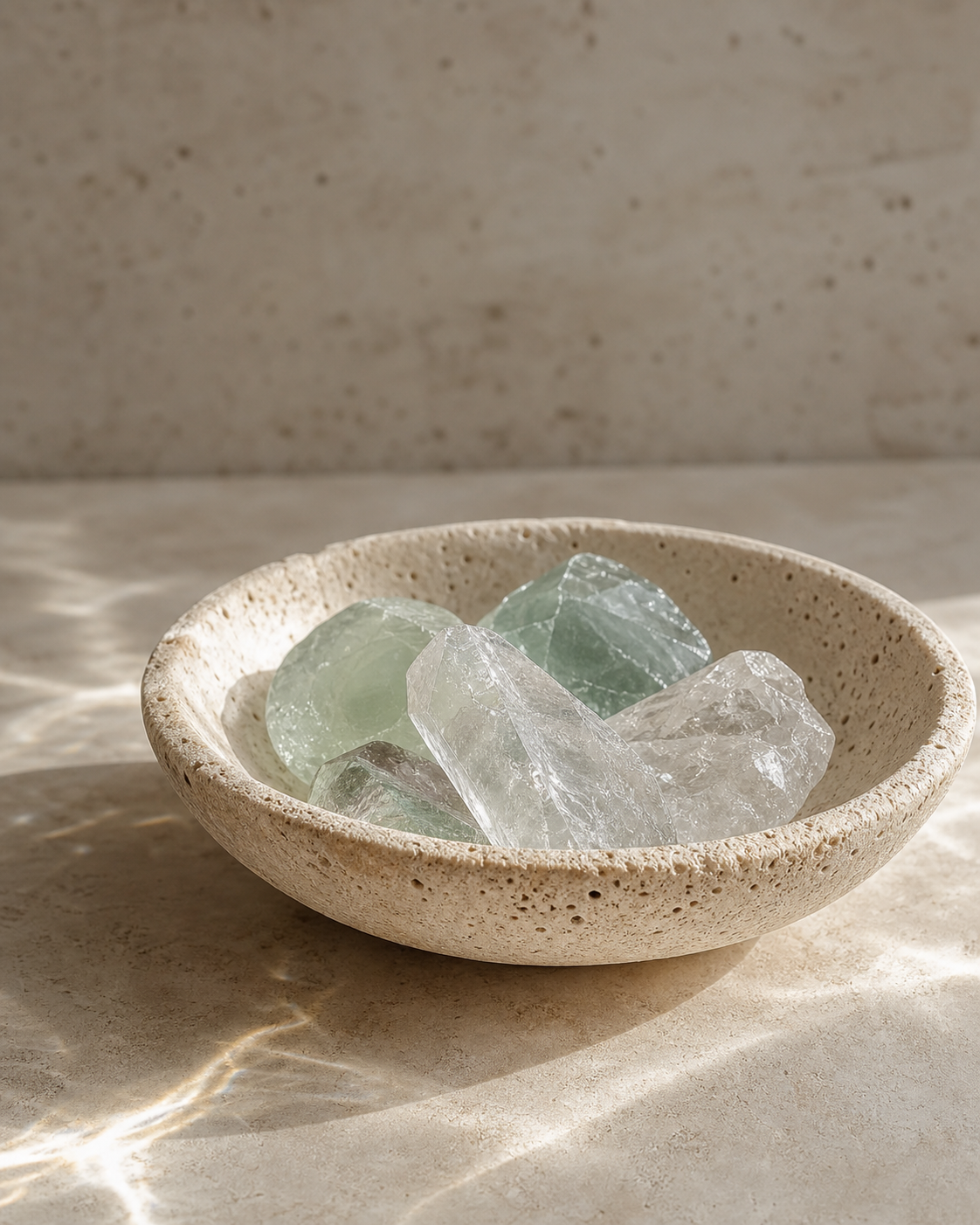 Clear quartz and pale green mineral stones resting in a travertine bowl