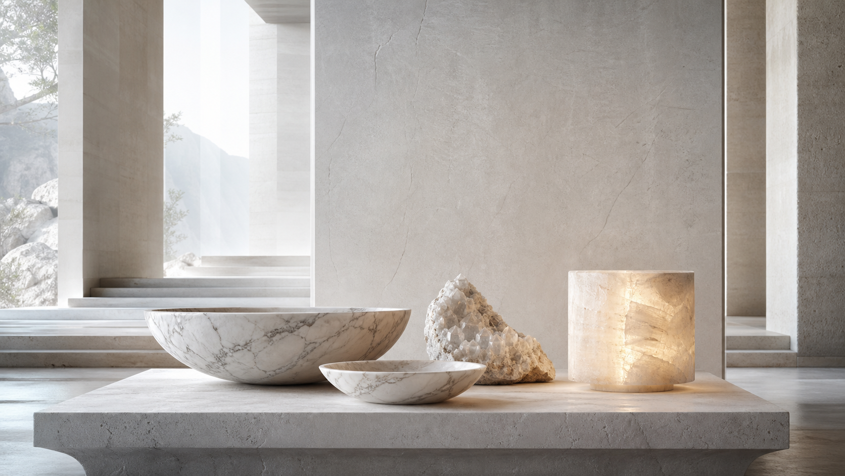 Sculptural marble bowls, a natural crystal and a glowing mineral light in a quiet stone interior