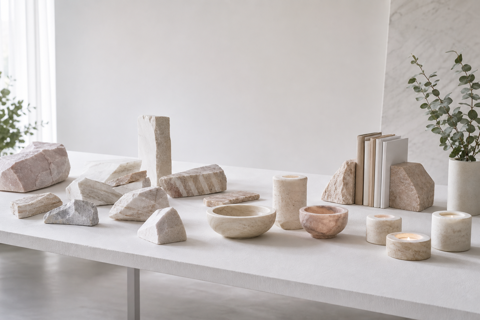 Stone offcuts and finished objects arranged on a bright worktable