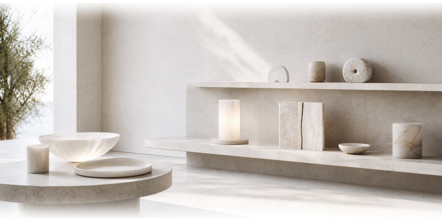 Natural stone objects in a calm white interior